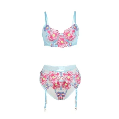 Bra and garter belt set with floral embroidery, pink, L/XL – Subblime