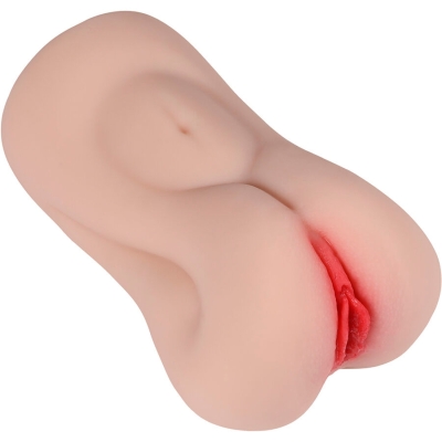 A skin-colored, anatomically shaped silicone sex toy insert with red detail.