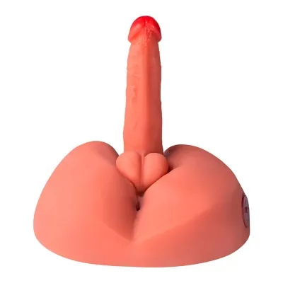 A pink dildo in the shape of a middle finger on a white background.