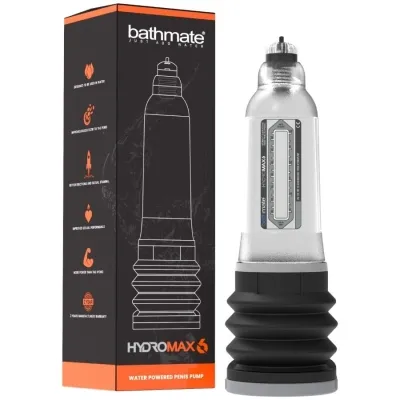 Bathmate Hydromax X6 penis pump with packaging, transparent design, black base, for water application.