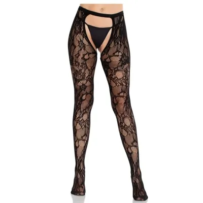Schwarze Spitzenstrumpfhose mit offenem Schritt und floralen Mustern, getragen von einer Person.