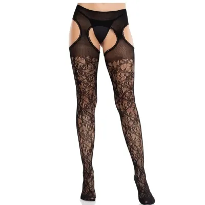 Schwarze Strumpfhose mit Spitzenmuster und integriertem Strumpfhalter, getragen von einer Person.