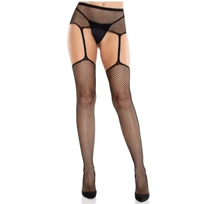 Person wearing black fishnet stockings with garter belt and black high heels.