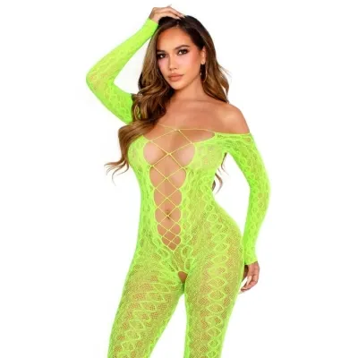 Person wearing a neon green, openwork jumpsuit with lacing at the front, posing against a white background.