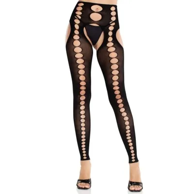 Schwarze Strumpfhose mit kreisförmigen Ausschnitten und High Heels.