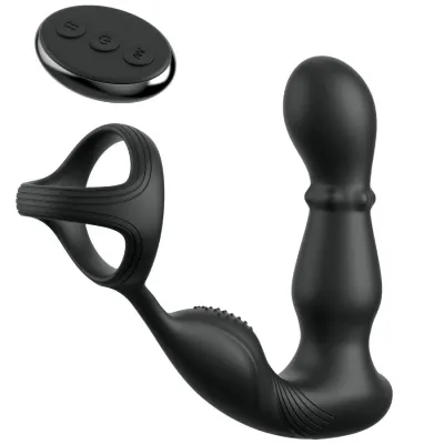 Schwarzes, ergonomisches Sexspielzeug mit Fernbedienung, bestehend aus einem Ring und einem strukturierten, gebogenen Schaft.