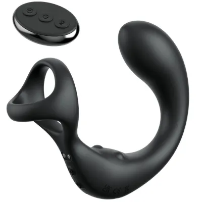 Black, ergonomic sex toy with remote control, consisting of a ring and a curved part.