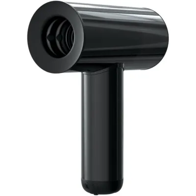 Black, modern T-shaped hair dryer with a smooth, glossy finish.