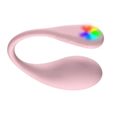 Pink, curved device with rainbow light at one end.