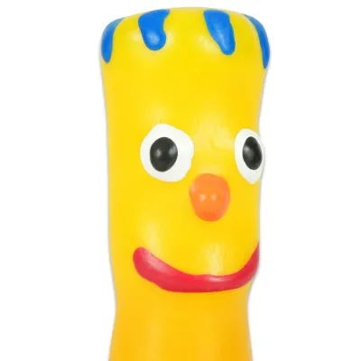 Yellow toy with big eyes, a red mouth, and blue stripes on its head.
