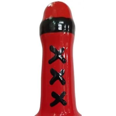 Red bottle with a black stripe and three black X signs in the middle.