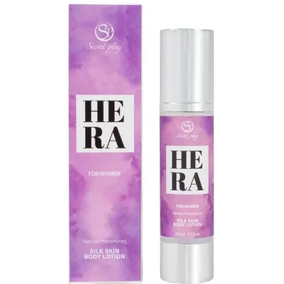 Purple packaging and bottle of the "Hera" Silk Skin Body Lotion for women, 50 ml.