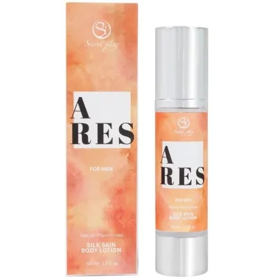 Ares Silk Skin Body Lotion für Männer, 50 ml, mit natürlichem Pheromon, in orangefarbener Verpackung.