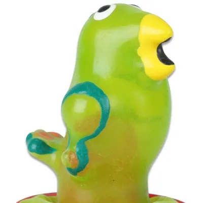 Green parrot figurine with yellow beak and large eyes, made of plastic.
