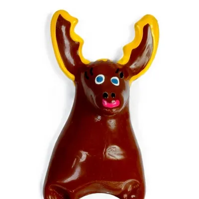 Chocolate figure in the shape of a moose with yellow antlers and a colorful face.