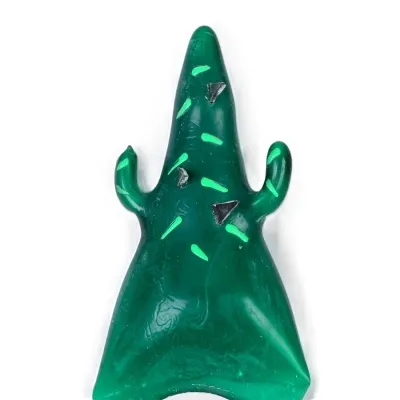 Green, cactus-shaped gummy bear with small black and green details on a white background.