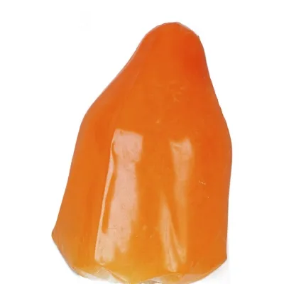 Orange, shiny, teardrop-shaped object against a white background.