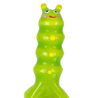 Green toy in the shape of a caterpillar with yellow spots and a smiling face.