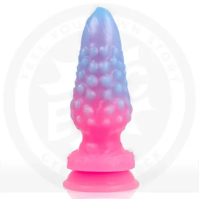 Bunter, strukturierter Silikon-Dildo in Blau und Pink mit Saugnapf.