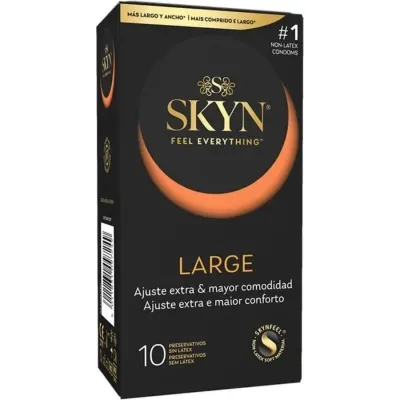 Schwarze Skyn Kondomverpackung, Größe Large, 10 Stück, latexfrei, mit orangefarbenem Halbkreis-Design.