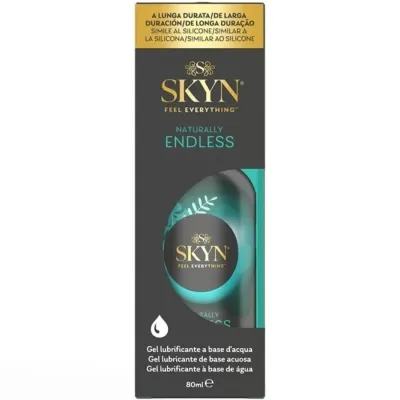 Verpackung von SKYN Naturally Endless Gleitgel, 80 ml, wasserbasiert, silikonähnlich, schwarzes und türkisfarbenes Design.