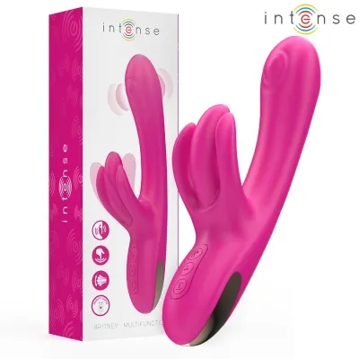 Pink vibrator with packaging, three buttons, curved shape, brand name "intense" visible.