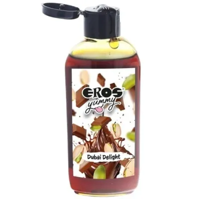 Flasche mit Eros Yummy Dubai Delight, Schokoladen- und Pistazienmotiv auf dem Etikett, schwarzer Klappverschluss.