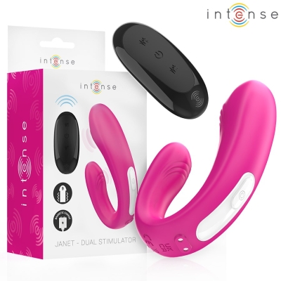 Pinkfarbener Dual-Stimulator mit Fernbedienung und Verpackung, Marke "intense".