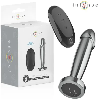 Verpackung und Produkt eines silbernen, vibrierenden Analplugs mit Fernbedienung der Marke "Intense".