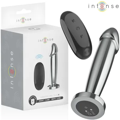 Vibrating anal plug with remote control, silver-colored, as shown on the packaging. Height: 11.8 cm, width: 3.5 cm.