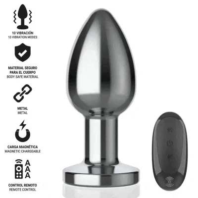 Metallic plug with remote control, 10 vibration modes, magnetically rechargeable, body-safe material.