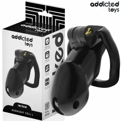 Schwarzes Spielzeug mit Verpackung von "addicted toys", Produktname "Midnight Cell L", mit Schloss und ergonomischem Design.