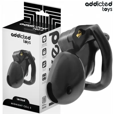 Schwarzes Spielzeug von Addicted Toys, verpackt in einer Box mit der Aufschrift "Midnight Cell S".