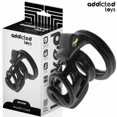 Schwarzer Käfig mit Schloss, Verpackung von "Addicted Toys" im Hintergrund, Produktname "Gilded Cage".
