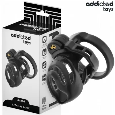 Schwarzes Keuschheitskäfig-Set von Addicted Toys, Verpackung und Produkt mit Schloss, "Eternal Lock" genannt.