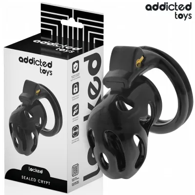 Black chastity device with packaging from "Addicted Toys", product name "Sealed Crypt".