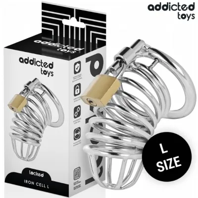 Metallkäfig mit Schloss, Verpackung von "Addicted Toys", Größe L.