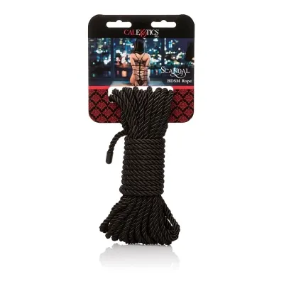Black BDSM rope from CalExotics, packaged with a picture of a person in bondage in front of a window.