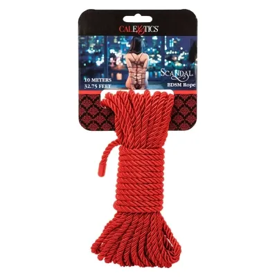 Rotes BDSM-Seil von CalExotics, 10 Meter lang, auf Verpackung mit Bild einer Person von hinten.