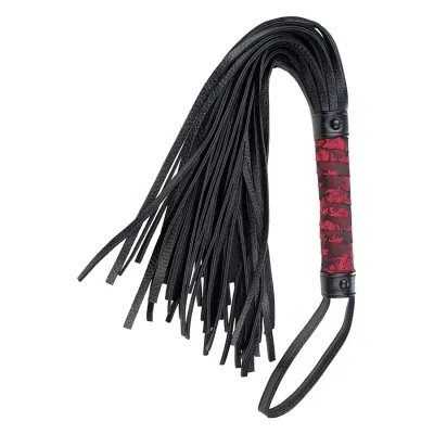 Black whip with red handle details and multiple straps, suitable for BDSM activities.