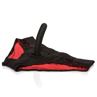 Black panties with red lining and attached black dildo in the middle.