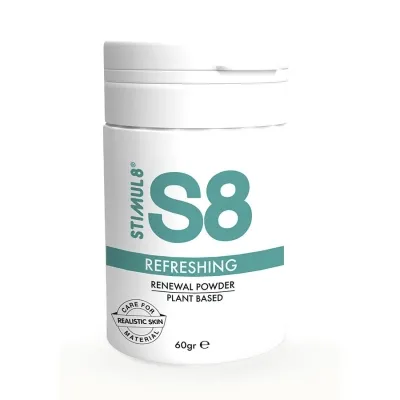 Weißer Behälter mit der Aufschrift "STIMUL8 S8 Refreshing Renewal Powder, Plant Based, 60g".