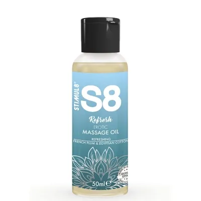 S8 Refresh Erotic Massage Oil bottle, 50 ml, with black cap and blue label, decorated with a leaf pattern.