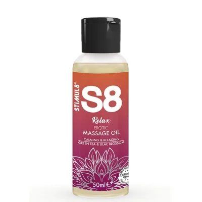 Bottle of S8 Relax massage oil, 50 ml, with green tea and lilac blossom, soothing and relaxing.