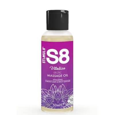 S8 Vitalize Erotic Massage Oil bottle, 50ml, with Omani lime and spicy ginger, purple label.