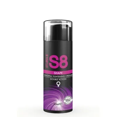 Black bottle with pink label, inscription "S8 Shape Vagina Tightening Cream", 30 ml.
