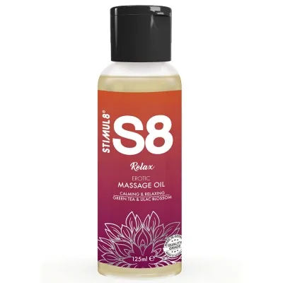Bottle of S8 Relax massage oil, 125 ml, with green tea and lilac blossom, soothing and relaxing.