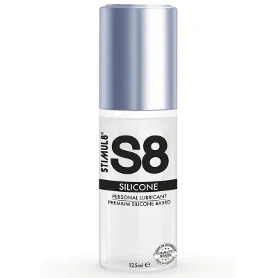 Flasche mit S8 Silikon-Gleitmittel, 125 ml, silberner Deckel, schwarzer Text auf weißem Etikett.