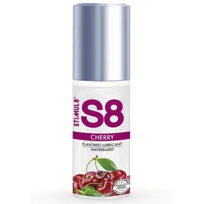 Bottle of S8 lubricant with cherry flavor, 125 ml, silver cap, cherries on the label.