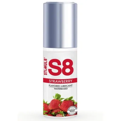 Flasche S8 Erdbeer-Gleitgel, wasserbasiert, 125 ml, mit Erdbeermotiv und silbernem Deckel.
